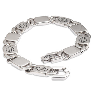 A silver-toned metal link bracelet featuring rectangular links with engraved Harley-Davidson bar-and-shield logos, displayed on a clean white background.
