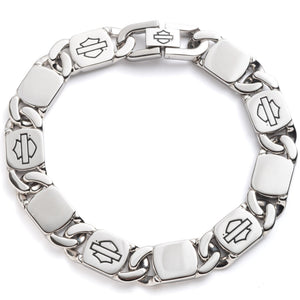 A silver-toned metal chain bracelet with square links, each engraved with the Harley-Davidson bar-and-arrow logo, shown on a plain white background.