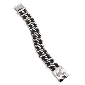 Black and silver braided bracelet with a clasp on a white background