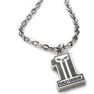 A silver-tone metal necklace featuring a chunky link chain and a rectangular pendant engraved with the Harley-Davidson logo and brand name, shown on a plain white background.