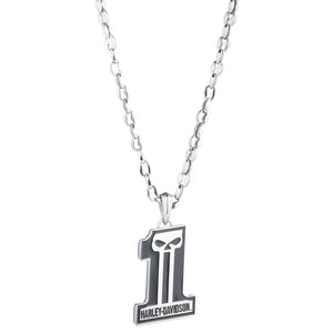 A silver-tone Harley-Davidson necklace featuring a pendant shaped like the number 1, with a Harley-Davidson skull logo in the center and the brand name printed at the bottom.