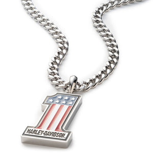 A silver-toned Harley-Davidson chain necklace with a number 1 pendant featuring an American flag design in red, white, and blue, with the Harley-Davidson logo engraved at the bottom, shown on a white background.
