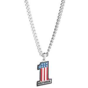 A silver-toned curb chain necklace featuring a pendant shaped like the number 1, decorated with an American flag pattern and the Harley-Davidson logo at the bottom, shown on a plain white background.