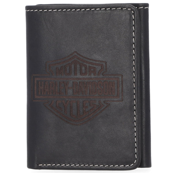 Harley-Davidson Men's Laser Bar & Shield Logo Tri-Fold Leather Wallet, Black MWM-064