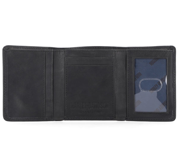 Harley-Davidson Men's Laser Bar & Shield Logo Tri-Fold Leather Wallet, Black MWM-064