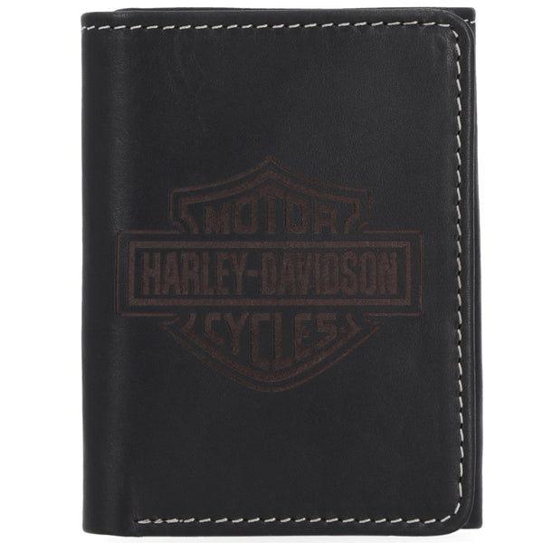 Harley-Davidson Men's Laser Bar & Shield Logo Tri-Fold Leather Wallet, Black MWM-064