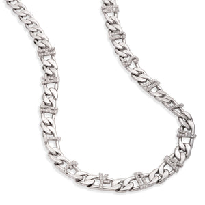 A silver-toned Cuban link chain necklace featuring decorative cross-shaped links embellished with small clear stones, displayed on a clean white background.