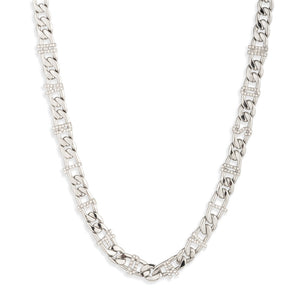 A silver-toned Cuban link chain necklace with pavé-set clear stones, shown against a plain white background.