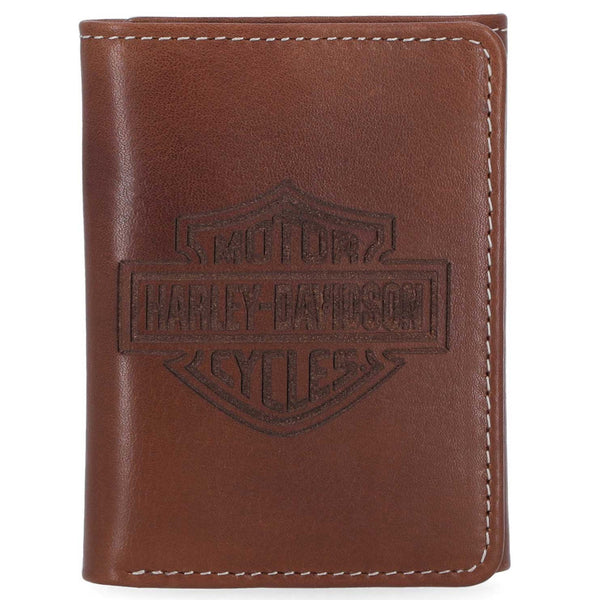 Harley-Davidson Men's Laser Bar & Shield Logo Tri-Fold Leather Wallet, Brown MWM-064