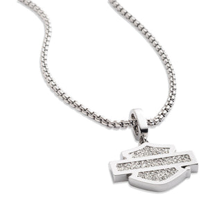 A silver-tone chain necklace with a pendant shaped like a stylized letter H, adorned with clear pavé stones, shown on a plain white background.
