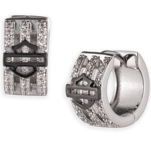 Pair of silver hoop earrings with black accents and clear stones on a white background