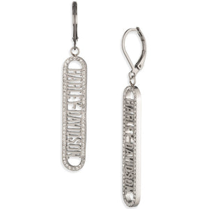 A pair of silver-tone drop earrings with vertical bar charms studded with small clear stones and featuring the brand name 'MOISTURE + ENERGY' in raised lettering, shown on a plain white background.