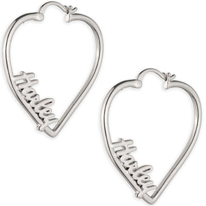 Heart-shaped silver earrings with 'mother' engraving on a white background