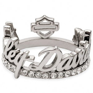 A silver-toned Harley-Davidson name ring featuring the brand's logo at the top, a row of clear rhinestones along the lower band, and the name 'ley Davi' in cursive script across the front.
