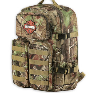 Camouflage backpack with visible brand logo on a white background