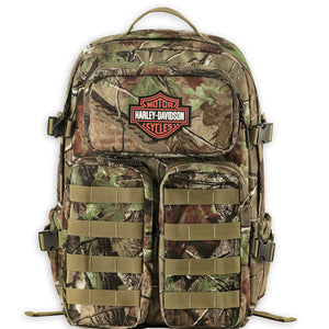 Camouflage backpack with Harley-Davidson logo on a white background