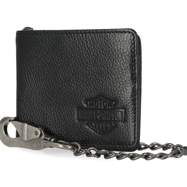 Harley-Davidson Men's Bar & Shield Core Pebble Biker Chain Bi-Fold Wallet, Gunmetal Black MWM037