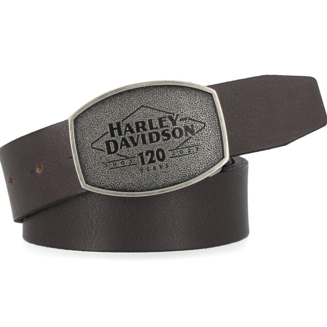 Harley-Davidson 120th Anniversary Men's 120th Matte Gunmetal Text Plaque  Snap On Buckle/Belt