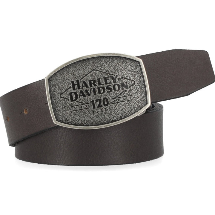 Harley-Davidson 120th Anniversary Men's 120th Matte Gunmetal Text Plaque Snap On Buckle/Belt