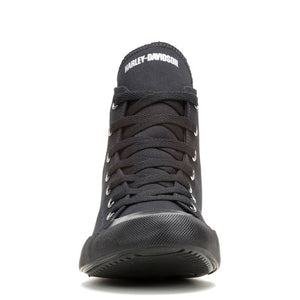 A single black high-top sneaker shown from the front against a solid white background.
