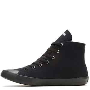A single black high-top canvas sneaker shown in a side profile view against a plain white background.