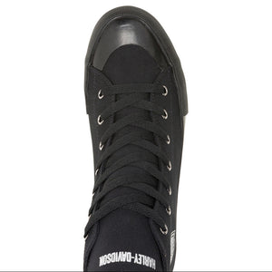 A single black Harley-Davidson high-top sneaker shown from a top-down view against a plain white background.