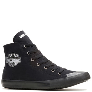 A black high-top canvas sneaker with a white Harley-Davidson logo patch on the side, black laces, and a black rubber toe cap, shown against a plain white background.