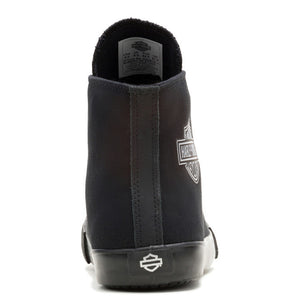 A single black ankle boot shown from the back, featuring a silver Harley-Davidson bar and shield logo on the side and heel.