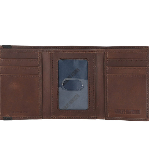 Harley-Davidson Men's Classic Genuine Leather Crazy Horse Eagle Trifold Wallet, Brown MWM013