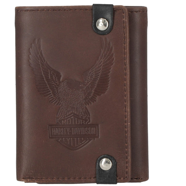 Harley-Davidson Men's Classic Genuine Leather Crazy Horse Eagle Trifold Wallet, Brown MWM013