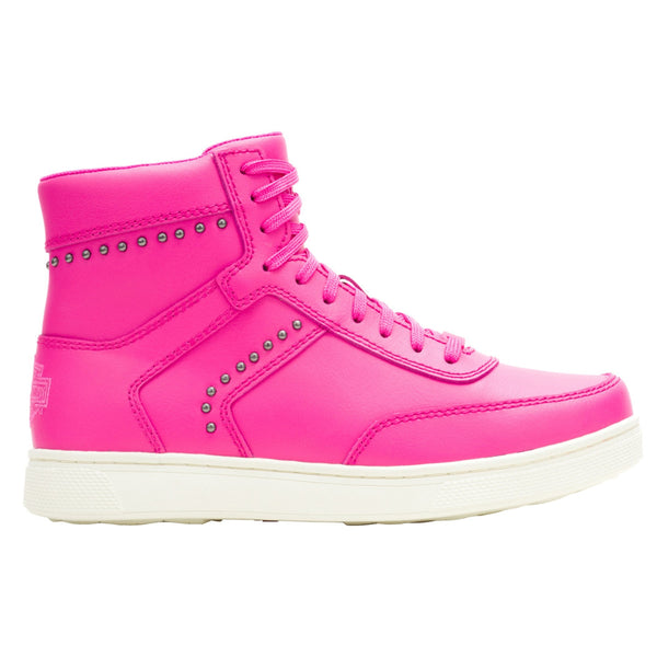 Pink high-top sneaker with white sole on a white background