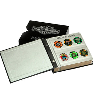 Harley-Davidson trading card album with cards on a light gray background
