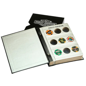 Harley Davidson collectible item with a black cover and white pages on a light gray background