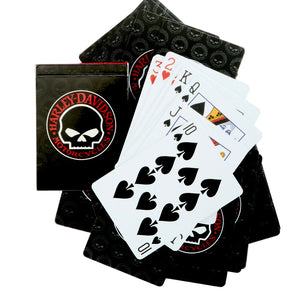 Black Harley-Davidson motorcycle-themed playing cards with card faces displayed.