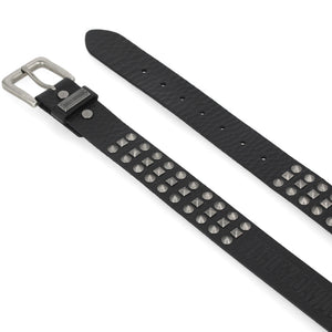 A black textured leather watch strap featuring rows of silver pyramid studs and a silver-toned metal buckle, shown on a plain white background.