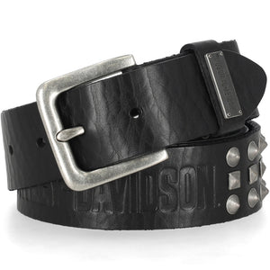 A black leather Harley-Davidson belt with a large silver buckle, studded details, and embossed branding, shown on a white background.