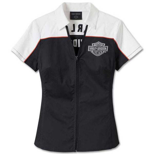 Harley-Davidson Women's Elemental Zip Front Short Sleeve Shirt, White/Black 99024-23VW