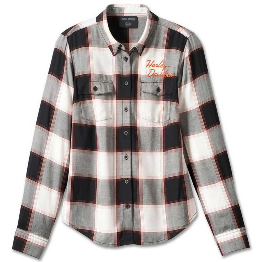 Harley-Davidson Women's Classic Logo Long Sleeve Plaid Shirt, Black/Orange 99025-23VW