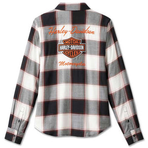 Harley-Davidson Women's Classic Logo Long Sleeve Plaid Shirt, Black/Orange 99025-23VW
