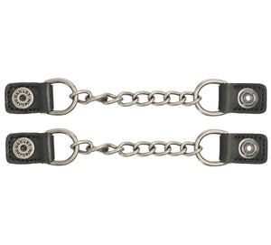 Two black leather straps with metal chains on a white background