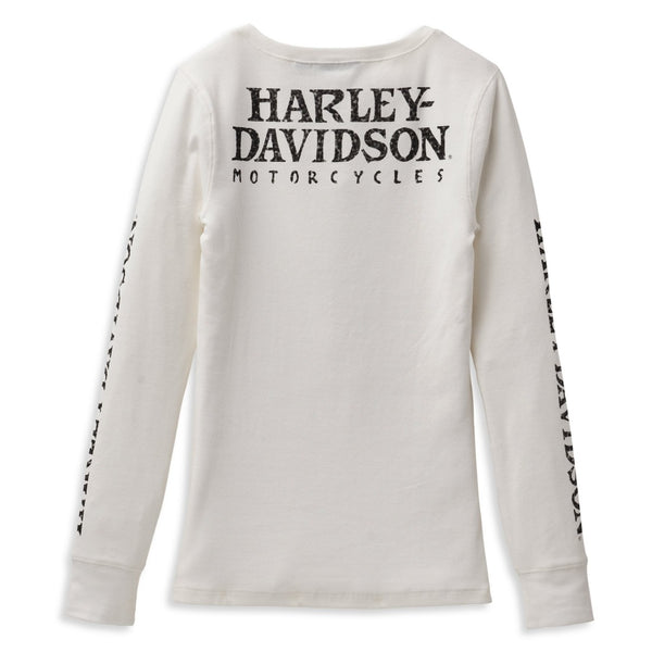 Harley-Davidson Women's Willie G Skull Henley Snap Front Long Sleeve Shirt, White 99100-22VW