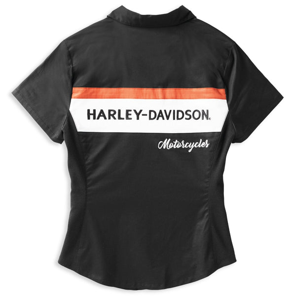 Harley-Davidson Women's Crew Stripe Zip Front Short Sleeve Shirt, Black 99114-22VW