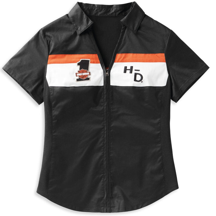 Harley-Davidson Women's Crew Stripe Zip Front Short Sleeve Shirt, Black 99114-22VW