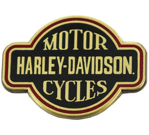 A Harley-Davidson Motor Cycles logo patch or badge with a black center, gold lettering and border, and a thin red inner outline, shown on a plain white background.