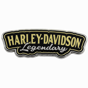 A Harley-Davidson Legendary patch with a black background, gold lettering, and silver metallic outlines, centered on a plain white background.