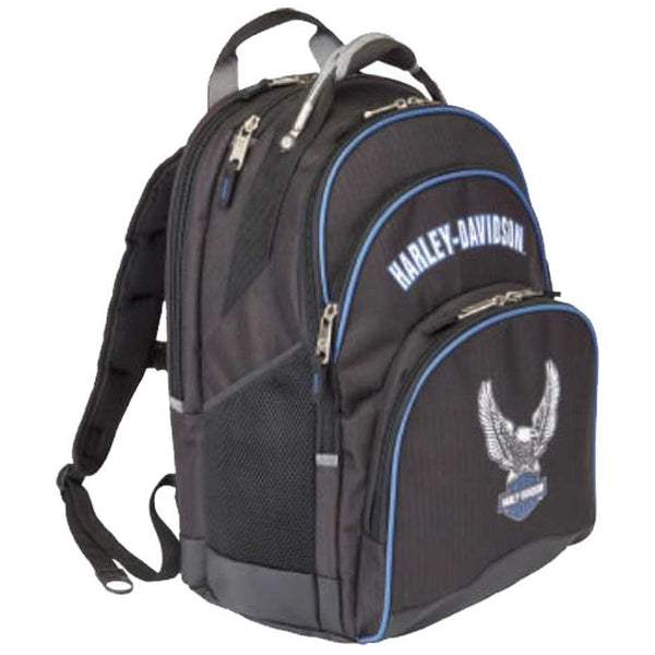 Harley-Davidson Backpack w/Steel Cable Strap & Harley Eagle, Black w/Blue Trim 99220