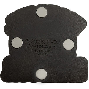 Black textured leather or rubber accessory with four silver circular magnets, featuring embossed copyright text for H-D Symbol Arts.