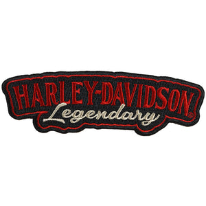 An embroidered Harley-Davidson patch featuring the words 'HARLEY-DAVIDSON Legendary' in red and white lettering on a black background.