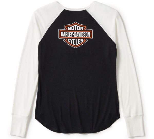 Harley-Davidson Women's Essential Arched Font Raglan Long Sleeve Shirt, Black/White 99297-25VW
