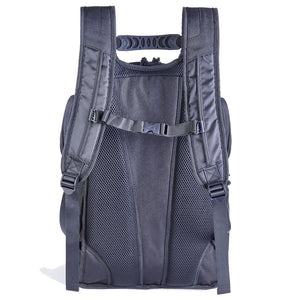 The back view of a dark gray tactical backpack, showing the breathable mesh back panel, padded shoulder straps, and adjustable buckled compression straps, set against a plain white background.
